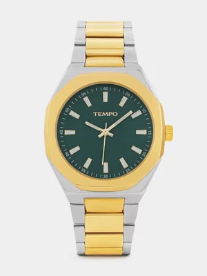 Tempo Gold Plated Green Dial Octagonal Two-Tone Bracelet Watch 
