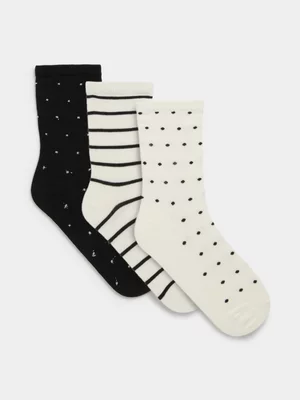 Exact Men's Cream & Black 3-Pack Rib Ankle Socks