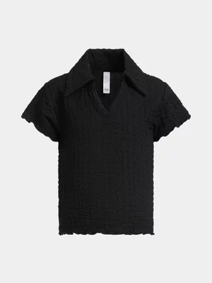 Exact Older Girl's Black Johnny Collar Textured Top