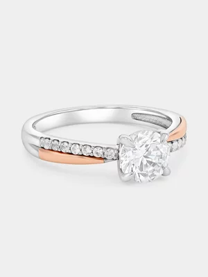 Rose Gold & Sterling Silver Moissanite Round Solitaire Twinset Ring 