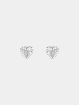 Sterling Silver Cubic Zirconia Bezel Heart Stud Earrings    
