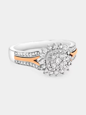 Rose Gold & Sterling Silver White Sapphire Cushion Halo Flower Ring 