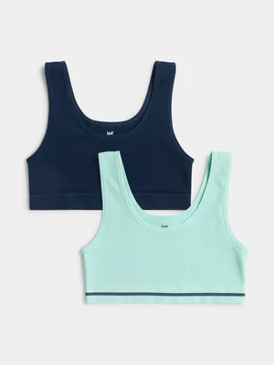 Jet Teen Girls Aqua Navy Rib Seamless 2 Pack Crop Bra