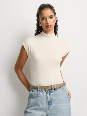 Rib High Neck Extended Shoulder Top