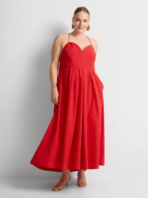 Fit & Flare Strappy Back V-neck Maxi Dress