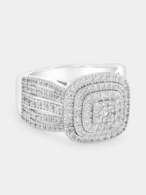 Sterling Silver White Sapphire Cushion Triple Halo Ring 