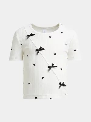 Exact Older Girl's White & Black Rib Bow Top 