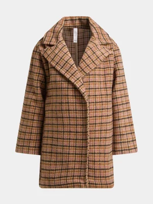 Exact Older Girl's Natural Checked Melton Coat 