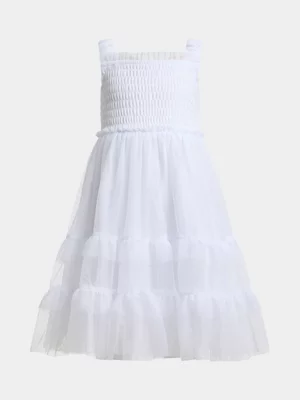 Exact Younger Girl's White Smocked Tulle Party Dress