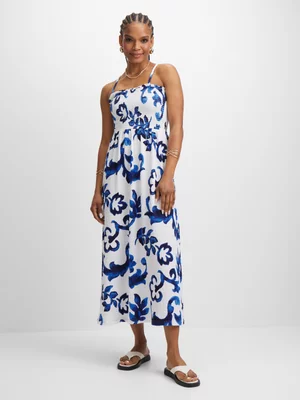Exact Women's Blue Floral Print Shirred Sundress