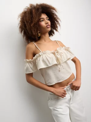 The FIX Women's Stone Linen Strappy Ruffle Cami Top With Diamante 