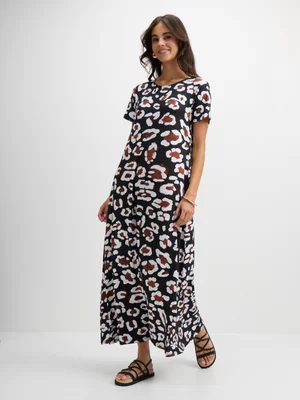 Exact Women's Natural Abstract Print Maxi T-Shirt Dress