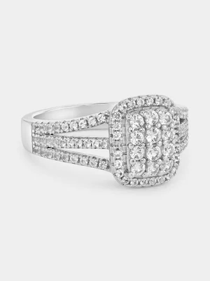 Sterling Silver White Sapphire Rectangle Halo Ring 