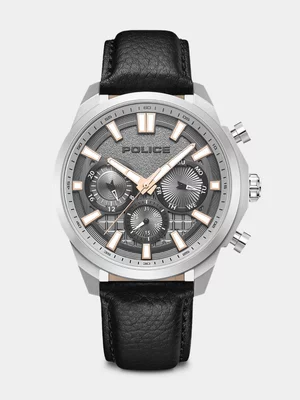 Police Rangy Stainless Steel Cool Grey Dial Black Leather Watch 