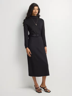 Belted Long Sleeve Slit Hem Dress 