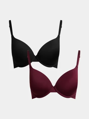 Jet Women's 2 Pack Maroon and Black T-shirt Bra