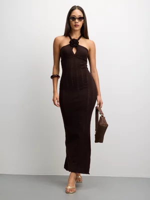 The FIX Women's Brown Knit Rosette Halter Dress