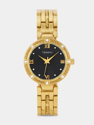 Tempo Gold Plated Black Dial Bracelet Watch 