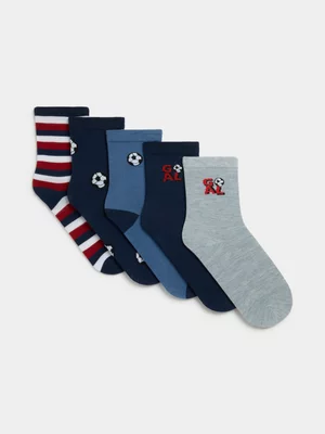 Jet Younger Boys 5 Pack Fashion Blue Soccer Anklet Socks