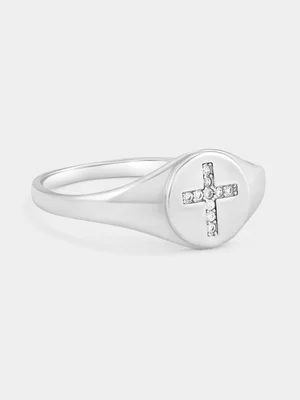 Sterling Silver Cubic Zirconia Round Cross Signet Ring