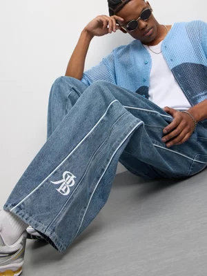 Redbat Men's Piped Baggy Wide Leg Medium Blue Jeans