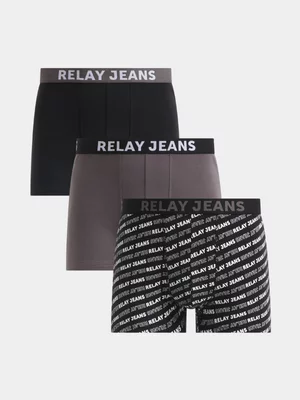 Relay Jeans Men's 3 Pack Logo Print Black/Grey Boxers