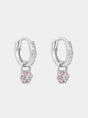 Sterling Silver Pink Cubic Zirconia Flower Hoop Drop Earrings