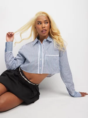 The FIX Women's Blue Striped Cropped Shirt With White Piping 