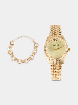 Exact Women's Gold Watch & Bracelet Set