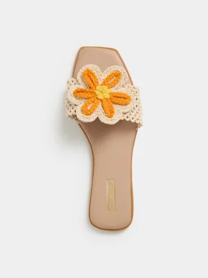 The FIX Women's Cream Floral Woven Flat Sandal