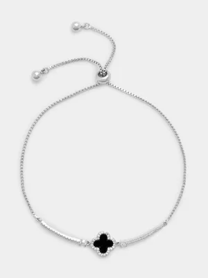 Rhodium Plated Cubic Zirconia Black Clover Slider Bracelet  