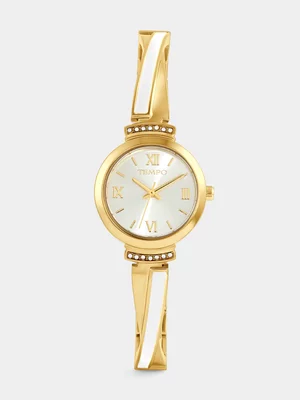 Tempo Gold Plated Silver Tone Dial White Enamel Bangle Watch