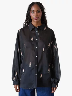 Women's Me&B Black Bellow Sleeve Shirt in Beaded Lipstick