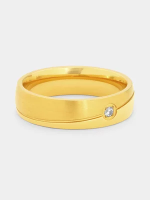 Gold Plated Stainless Steel Cubic Zirconia Solitaire Diagonal Groove Ring