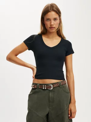 Women's Cotton On Black Goldie Rib V Neck T-shirt