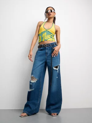 The FIX Women's Medium Wash Rip & Repair Wide Leg Jeans