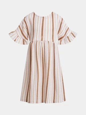 Exact Older Girl's White & Natural Striped Textured Dress