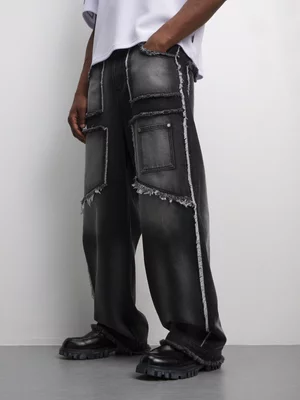 The FIX Men's Charcoal Frayed Baggy Jeans