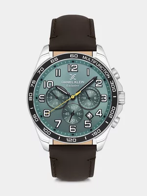 Daniel Klein Silver Plated Teal Dial Brown Leather Chronographic Watch 