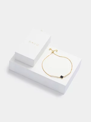14ct Gold Plated Cubic Zirconia Black Clover Slider Bracelet  