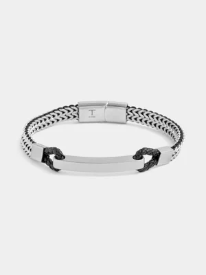 Tempo Jewellery Stainless Steel Black Pleather Half Wheat Bracelet  