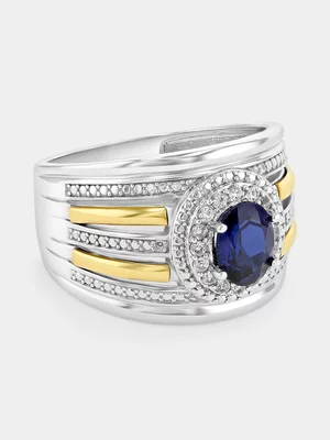 Yellow Gold & Sterling Silver Diamond & Created Blue Sapphire Oval Ring 