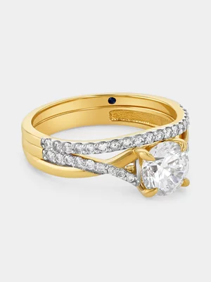 Yellow Gold Moissanite Round Solitaire Infinity Twinset Ring 