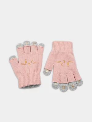 Girl's Pink & Grey Fingerless Gloves