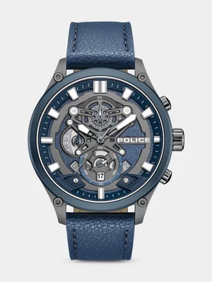 Police Wadden Gunmetal Plated Navy Blue Leather Chronograph Watch
