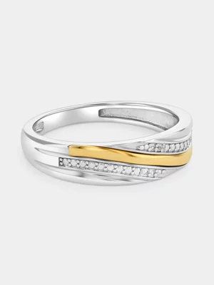 Yellow Gold & Sterling Silver Diamond Diagonal Wave Ring 