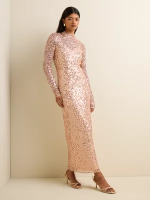 Women's Iconography Sequinned Maxi Column Dress Rose Gold