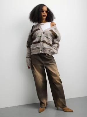 The FIX Women's Mocha Knit Fuzzy Stripe Cardigan