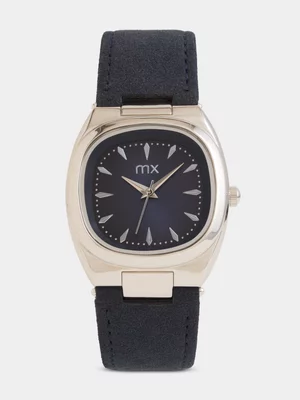 MX Silver Plated Blue Dial Retro Square Blue Faux Leather Watch 