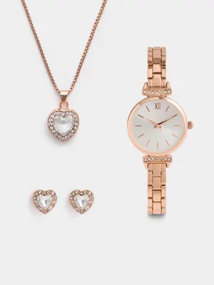 Exact Women's  Rose Gold Necklace, Earrings & Watch Set
